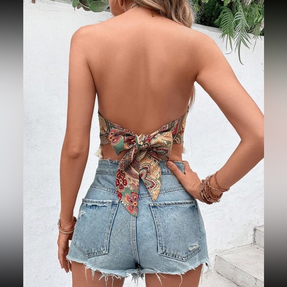 Boho floral print fringe hem tie back crop top - Picture 9 of 12